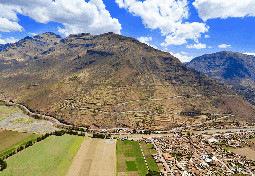 Pisac Town Aerial View Pisac and Urubamba River in Peru